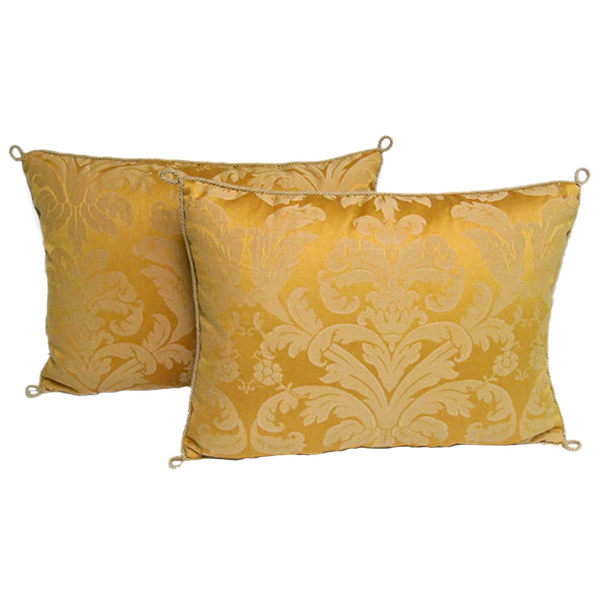 Pair of Handmade Yellow Damask Pillows with a Floral Pattern For Sale