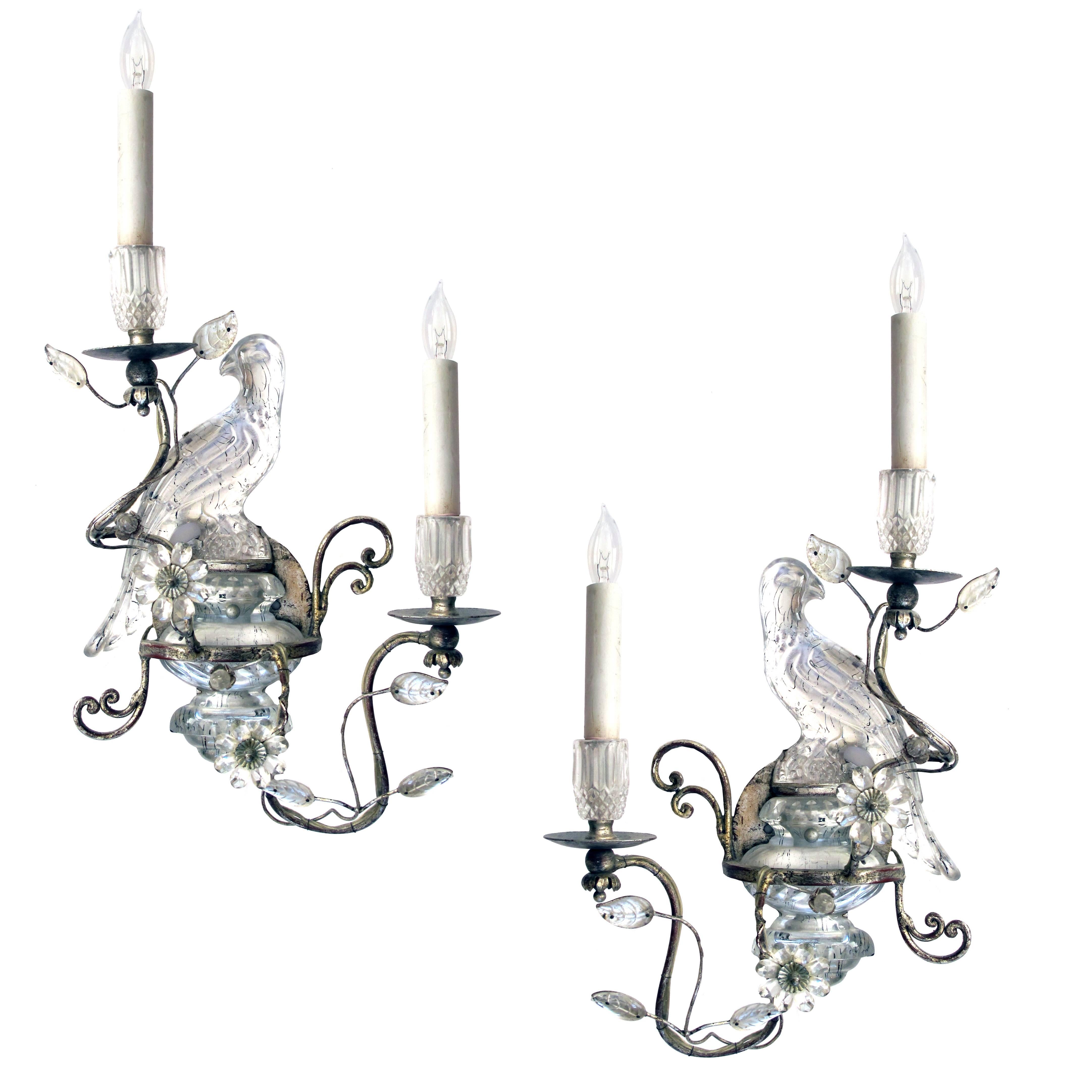 Elegant Pair of French Mid-Century Maison Bagues Style Silver Leaf Glass Sconce