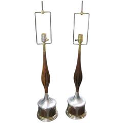 Pair of Vintage Nickel and Teak Lamps