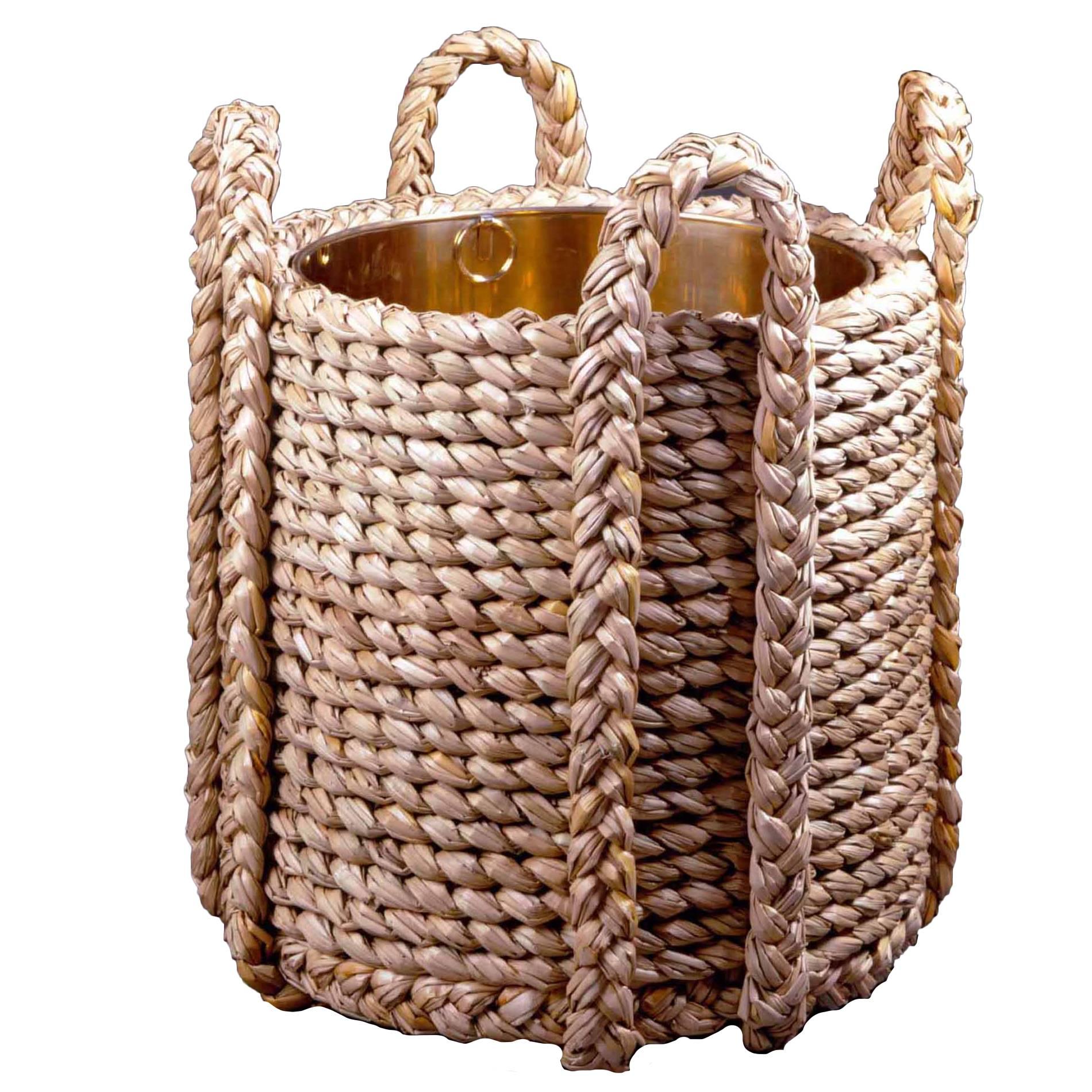 Rush Log Basket with Polished Brass Liner For Sale