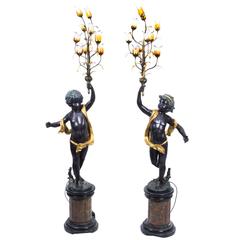 Pair of Gilded Bronze Cherub Candelabra on Marble Bases 1