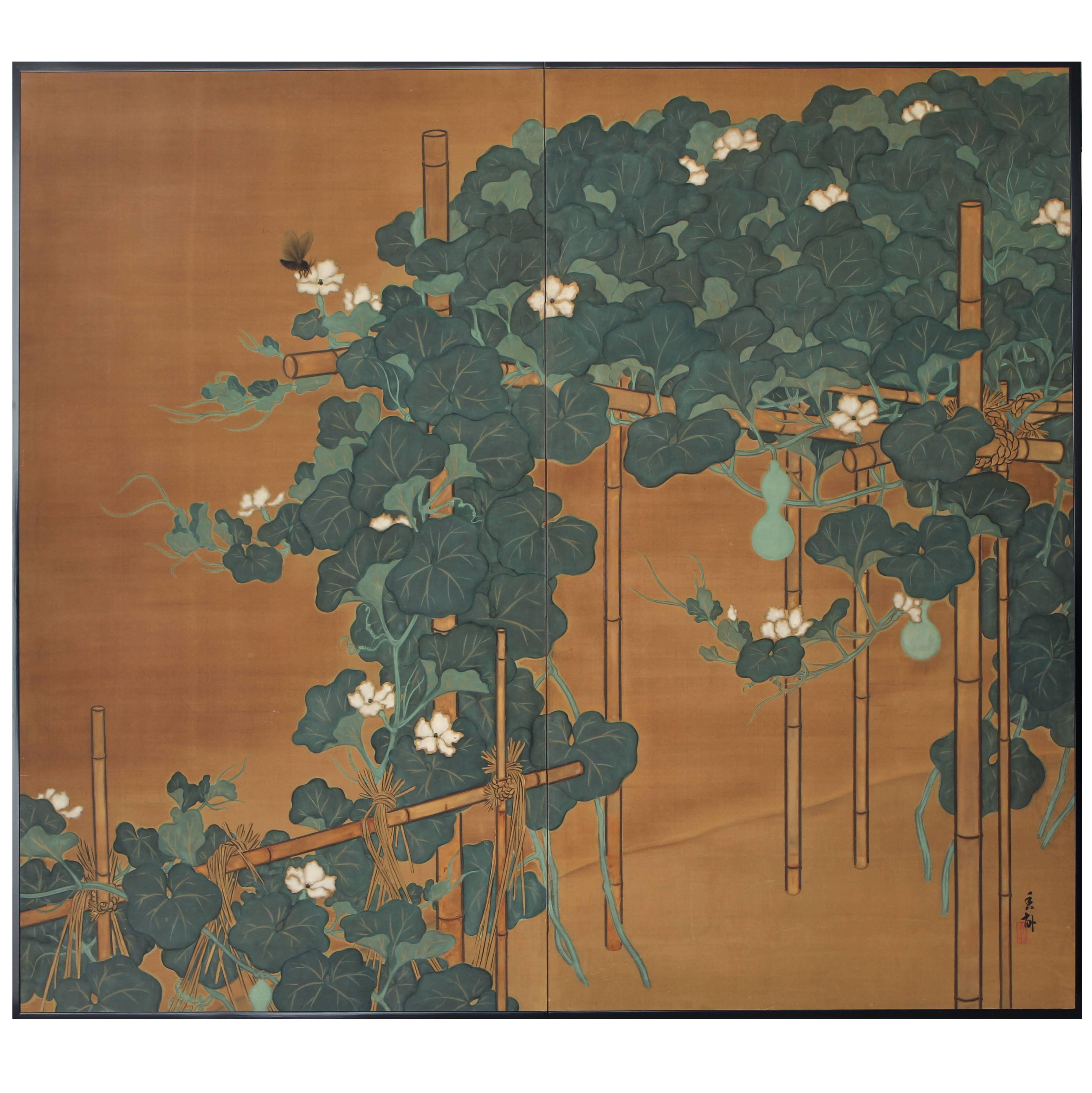 Screen with Flowering Gourds and Insects For Sale