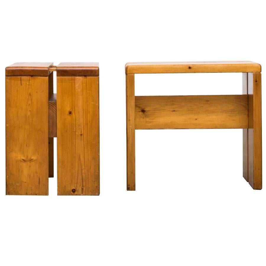 Pair of Charlotte Perriand Solid Pine Stools for Les Arcs