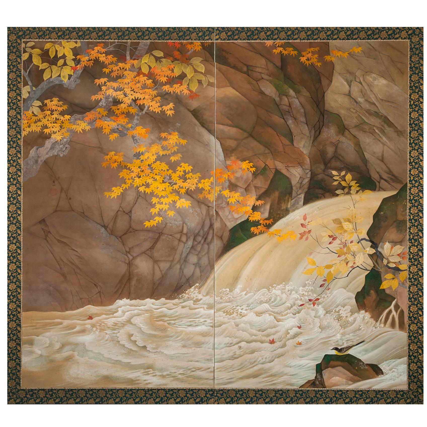 Japanese Two-Panel Screen "Waterfall and Maple Tree in Autumn Scenery"