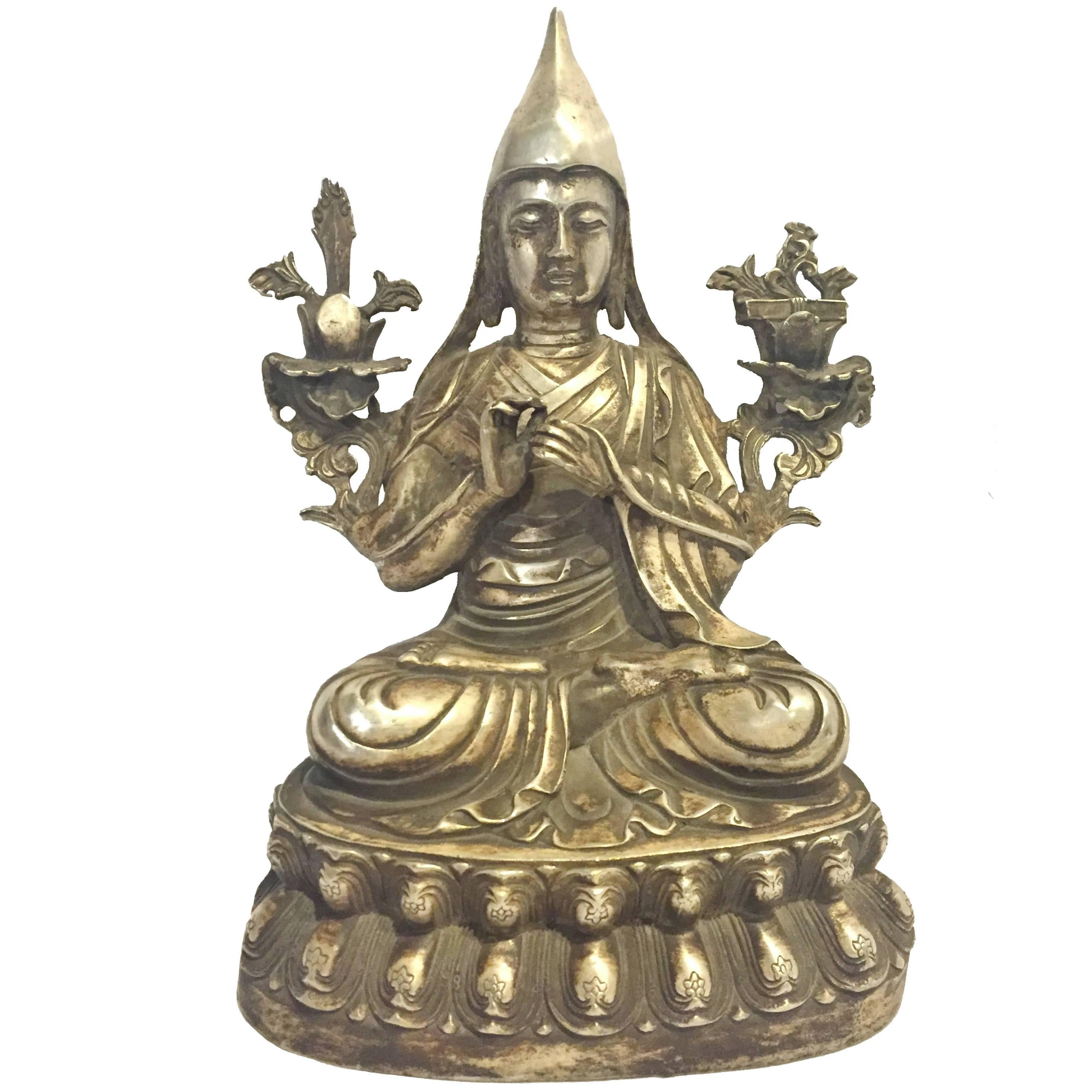 Silver Bronze Tibetan Teacher, God of Wisdom, Large For Sale