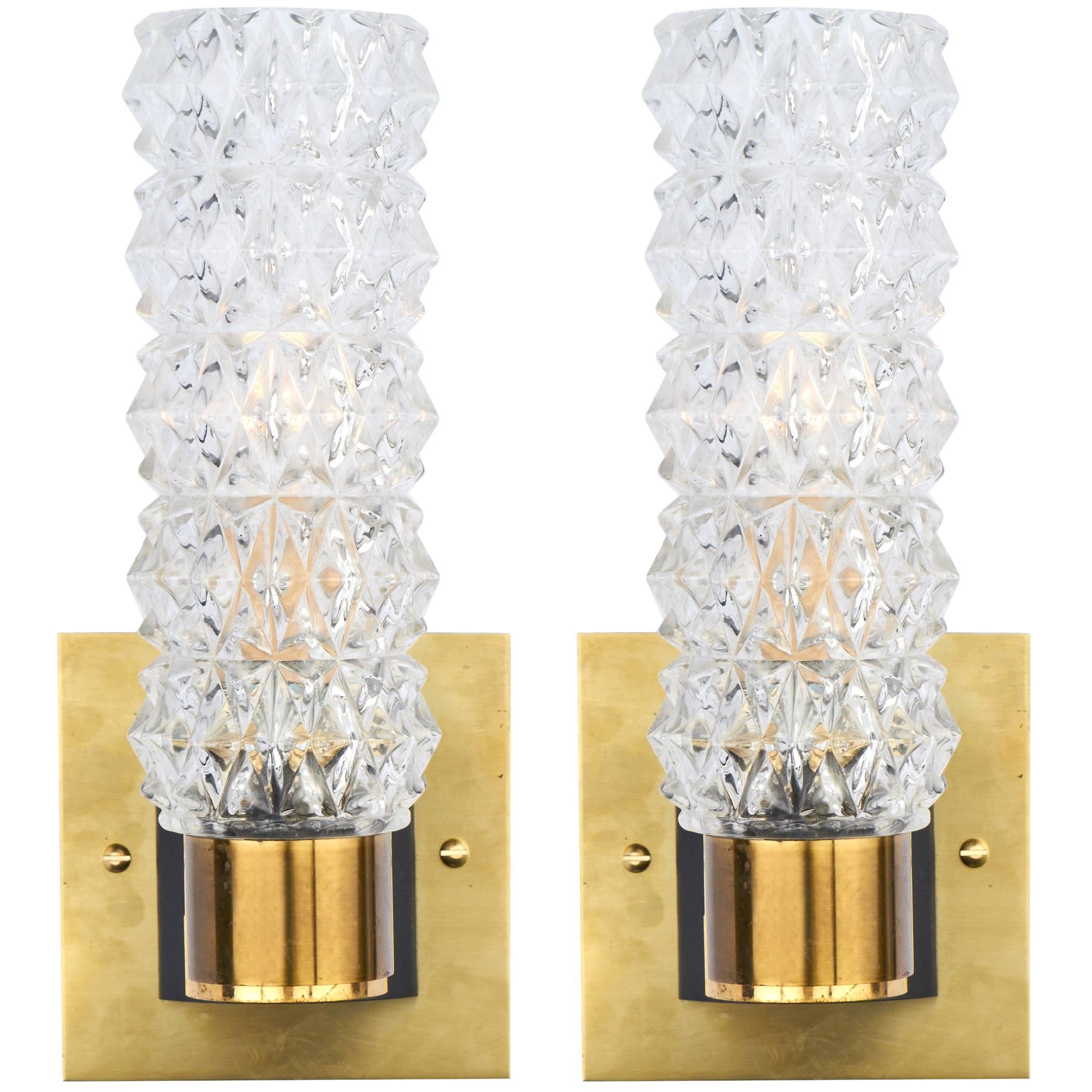 Murano Pair of Glass and Brass Wall Sconces