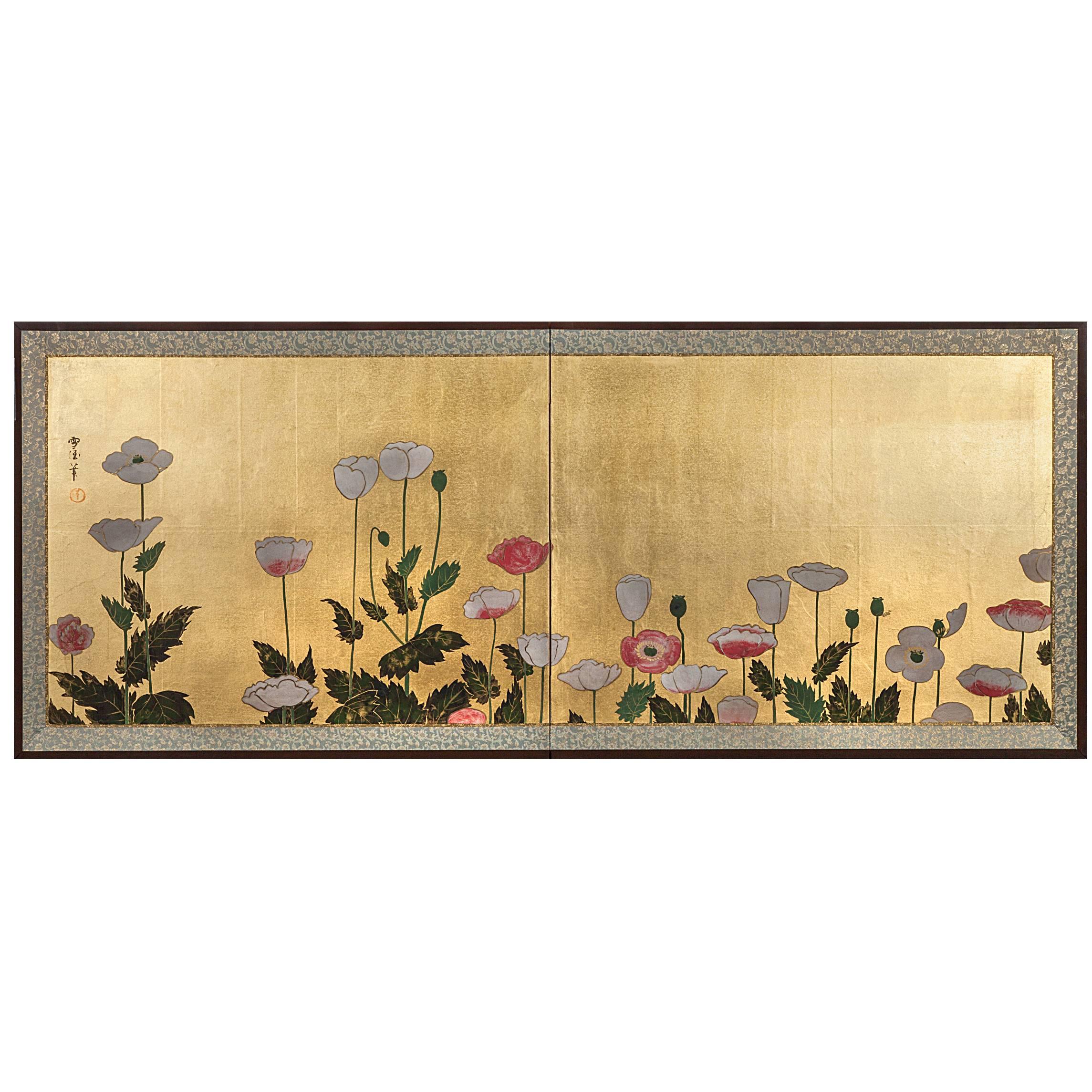 Japanese Two-Panel Screen "Poppy Flowers"