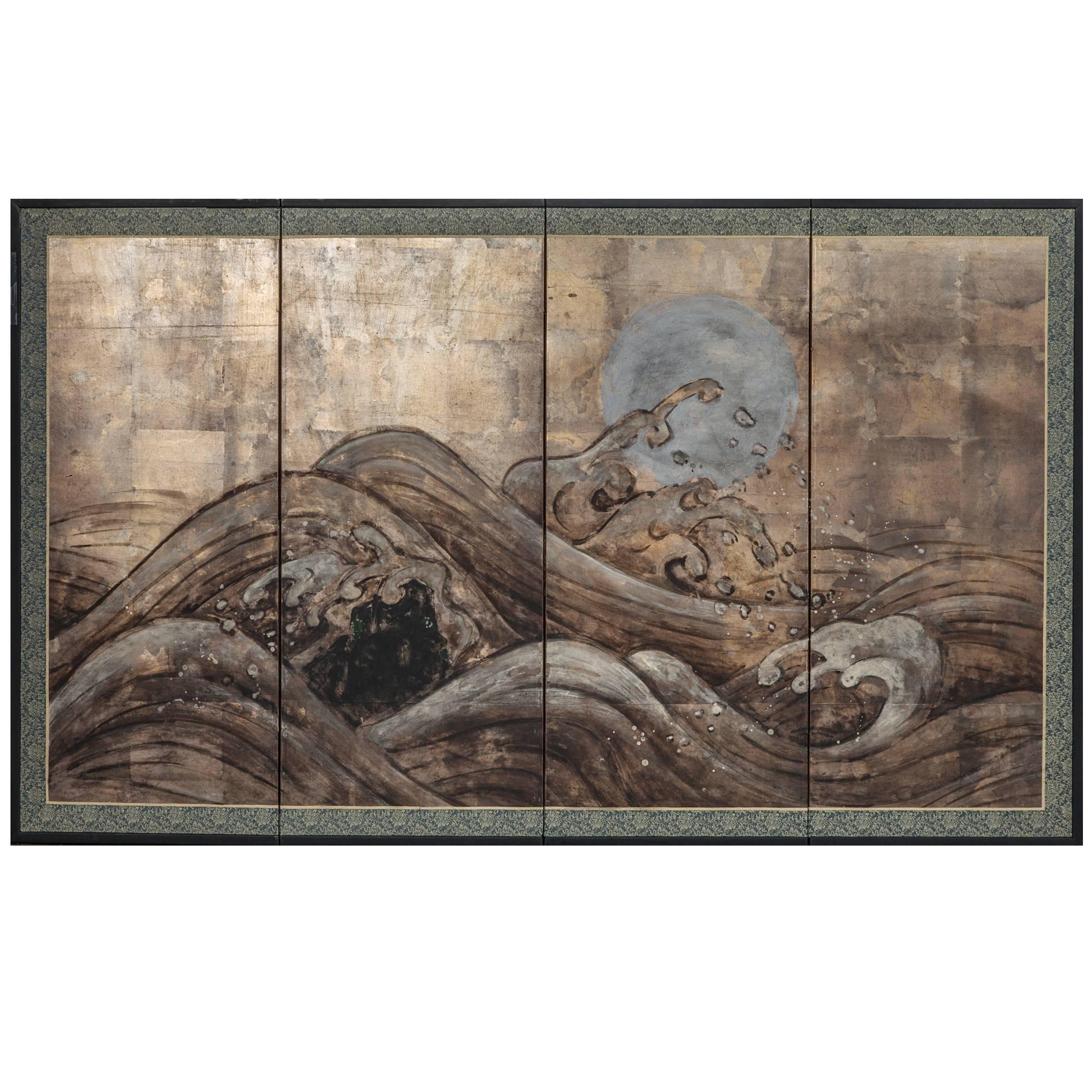 Japanese Four-Panel Screen "Ocean Wave and Silver Moon on Silver"