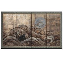 Japanese Four-Panel Screen "Ocean Wave and Silver Moon on Silver"