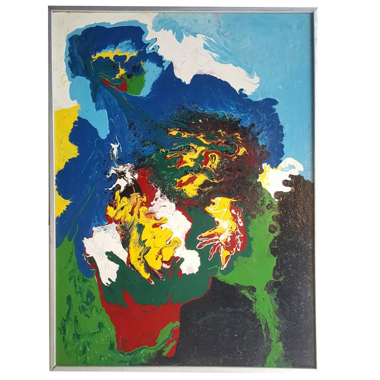 Large Colorful Modernist Abstract Enamel Painting, Signed, circa 1975