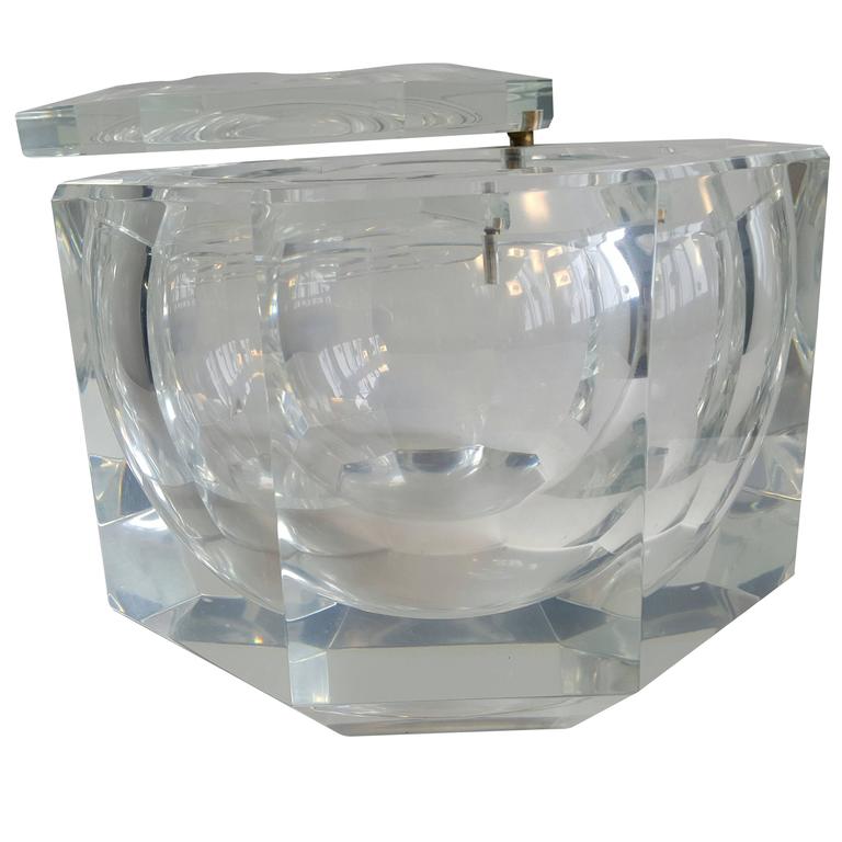 Extra Large Faceted Lucite Ice Bucket Modernist Swivel Lid For Sale at