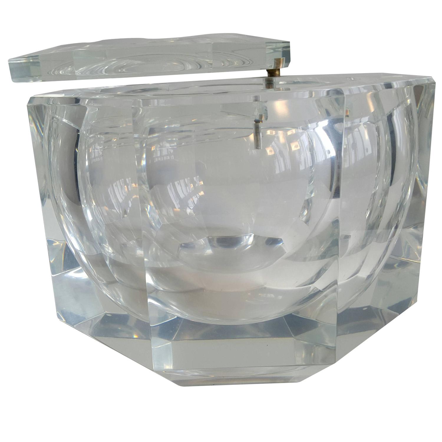 Extra Large Faceted Lucite Ice Bucket Modernist Swivel Lid For Sale at