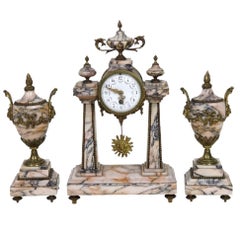 Three-Piece French Marble and Bronze Clock Set