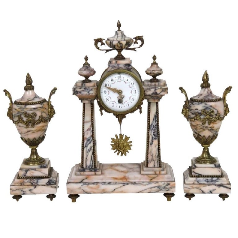 Three-Piece French Marble and Bronze Clock Set For Sale at 1stDibs