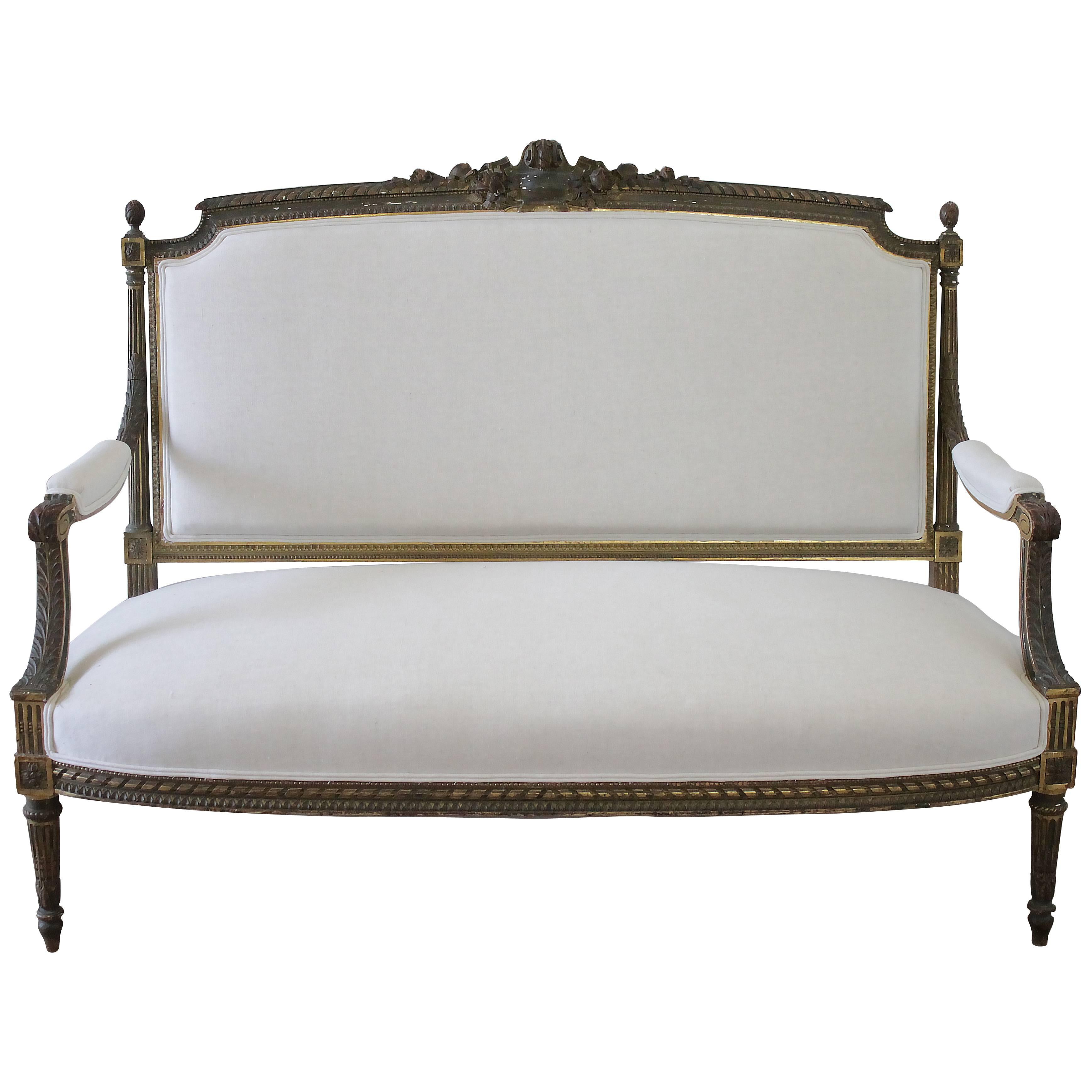 19th Century Louis XVI Giltwood Settee Upholstered in Belgian Linen