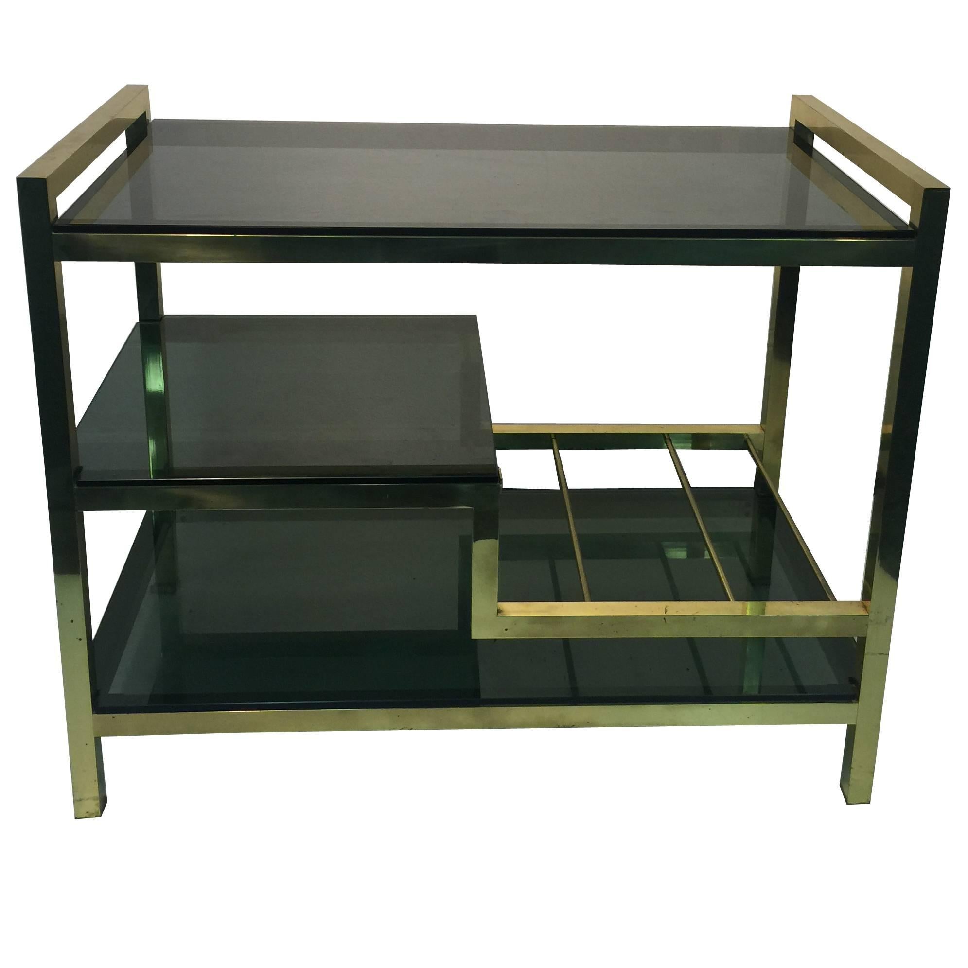 Incredible Italian Modernistic Brass Bar Cart with Smoke Glass Shelves For Sale