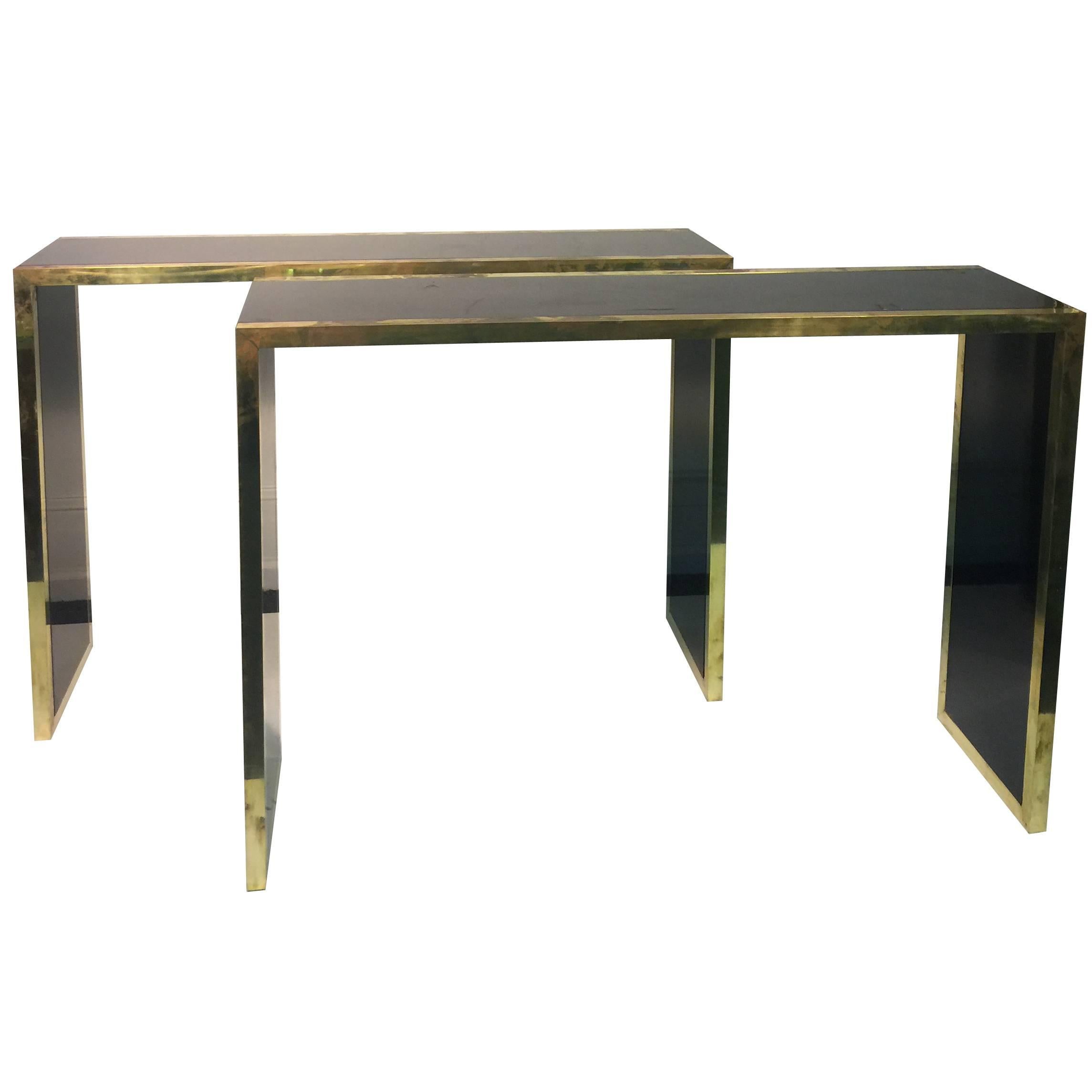 Elegant Pair of Black Lacquer & Brass Console Tables in the Style of Alain Delon For Sale