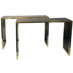 Elegant Pair of Black Lacquer & Brass Console Tables in the Style of Alain Delon