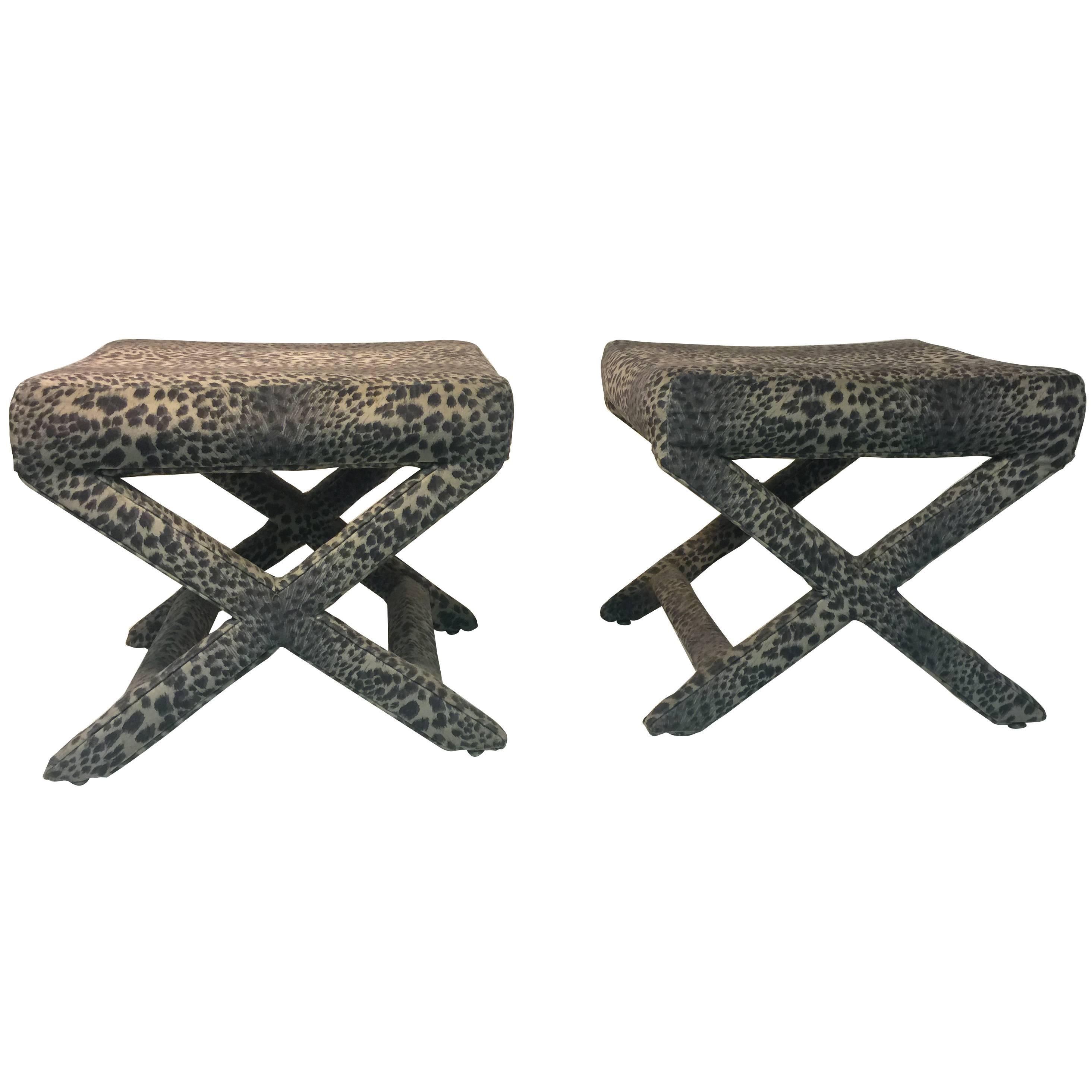 Lovely Pair of Leopard Print X-Base Stools or Benches For Sale