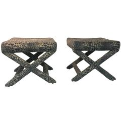 Lovely Pair of Leopard Print X-Base Stools or Benches