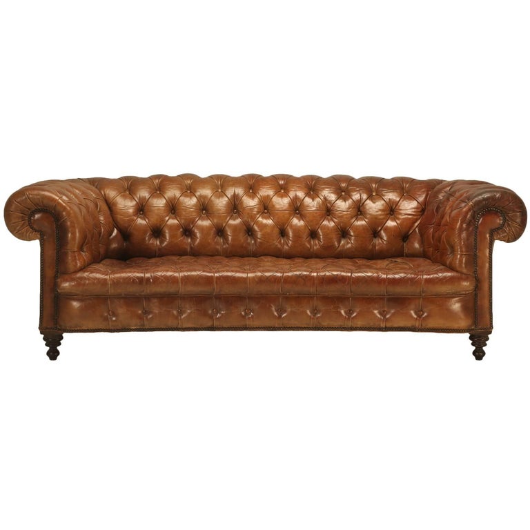 Antique Leather Chesterfield Sofa in Original Leather at 1stDibs