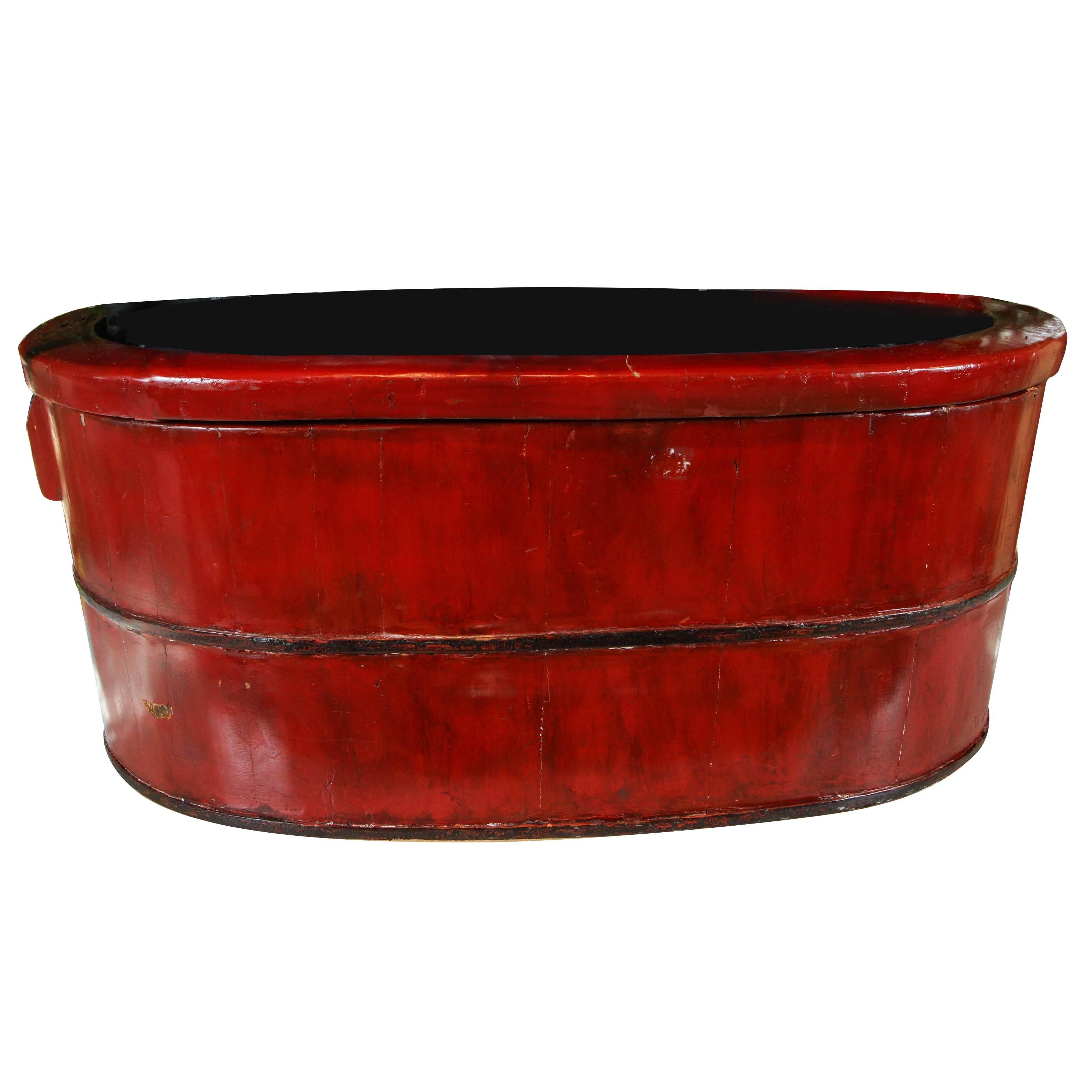 Asian, Iron-Banded, Red Lacquered Sectioned Wood Tub, Early 20th Century