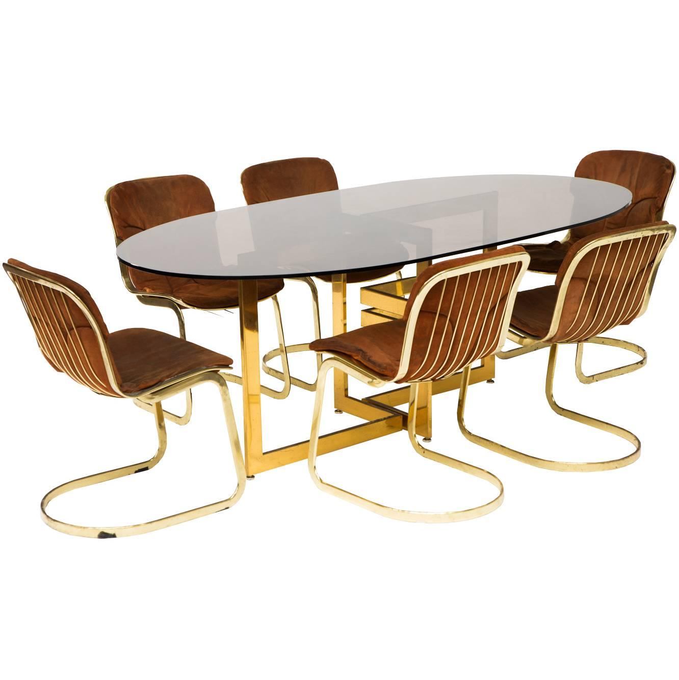 Dining Table Set with Brass Base and Six Cantilevered Chairs