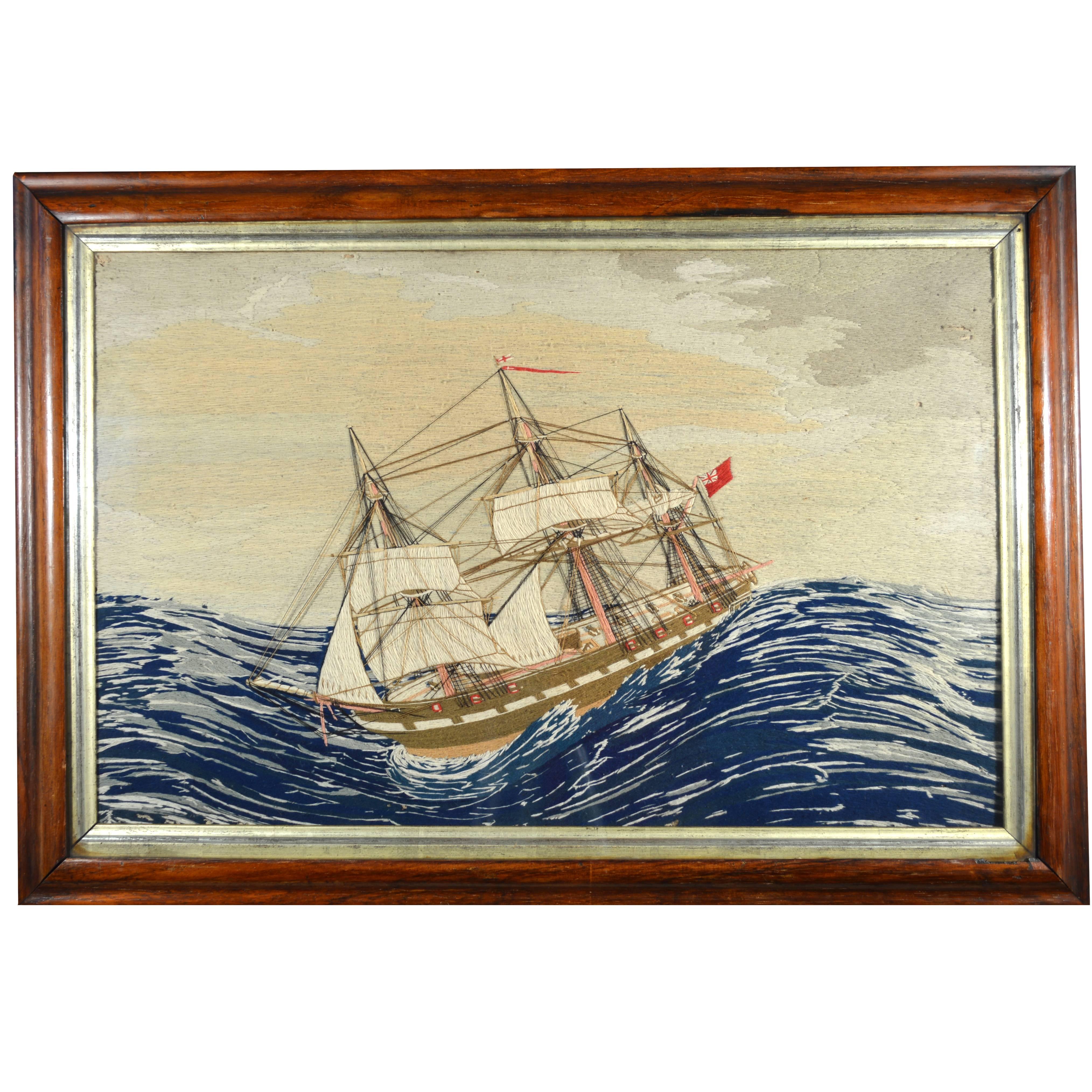 Folk Art English Sailor's Woolwork Picture of a Ship in Extreme Weather