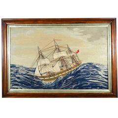 Folk Art English Sailor's Woolwork Picture of a Ship in Extreme Weather