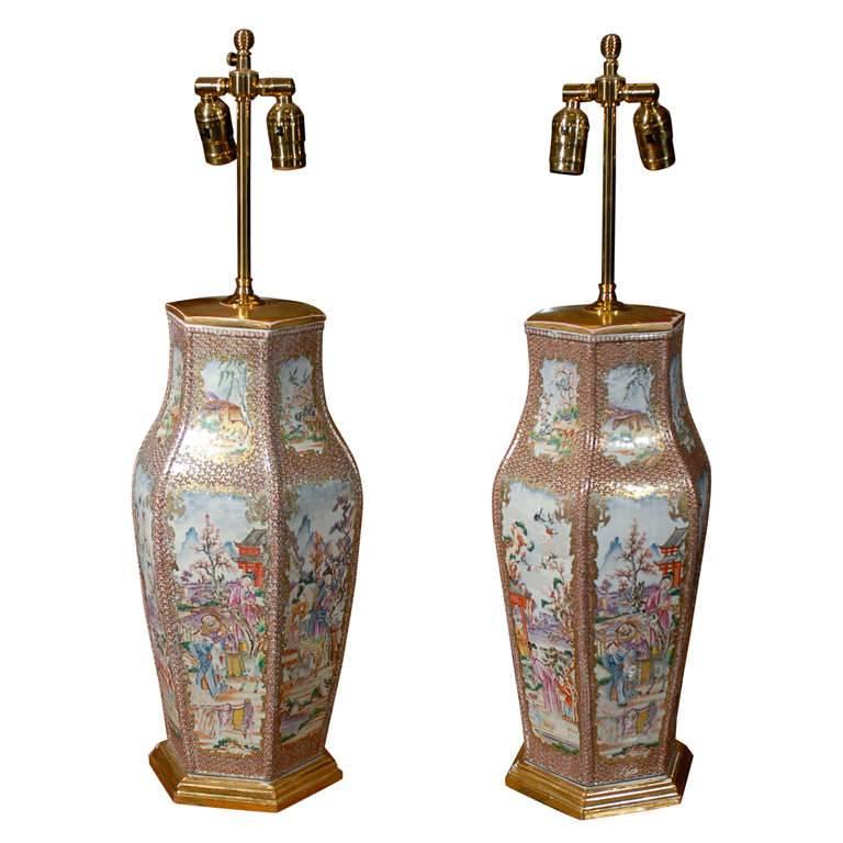 Large Pair of Exceptional Chinese Export Mandarin Palette Vases