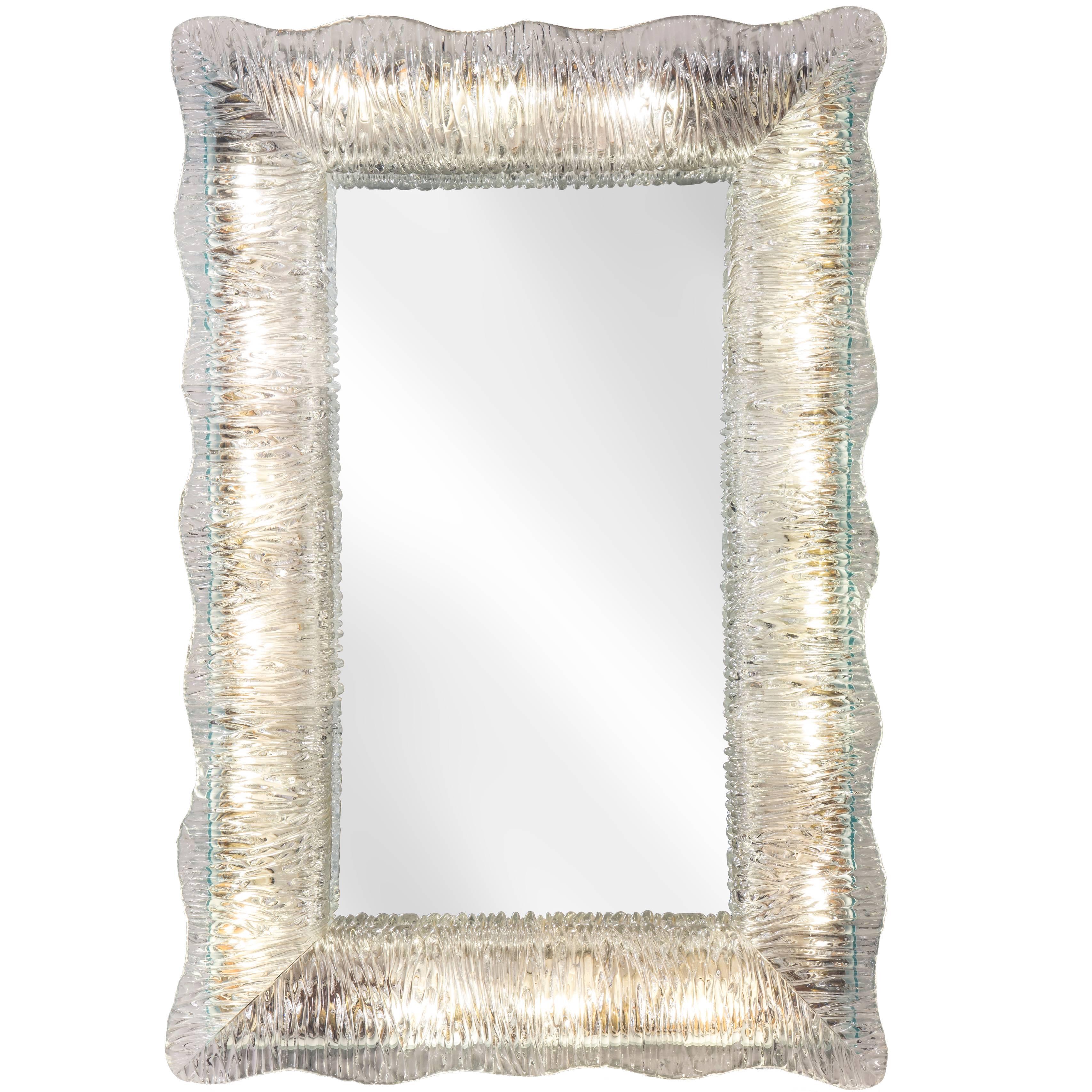 Venini, Rare Illuminated Textured and Colorless Murano Glass Framed Mirror For Sale