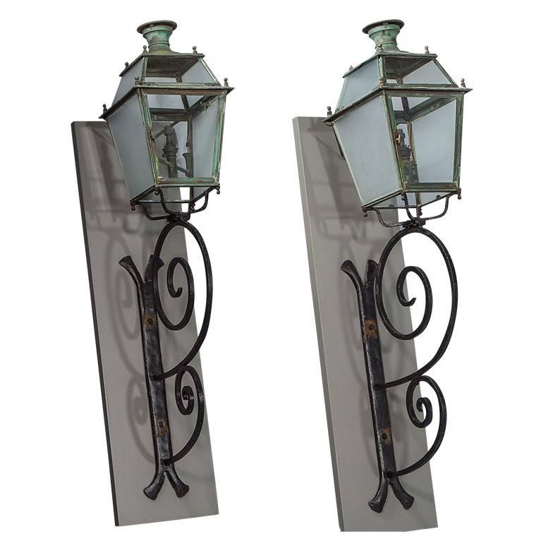 Pair of Victorian Style Iron Copper and Glass Parisian Street Lanterns