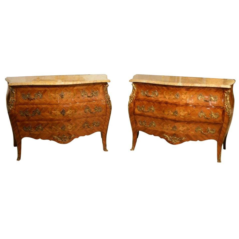 Fine Quality Pair of Kingwood Louis XV Style Marble-Topped Bombe Shaped Commode