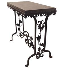 Antique Art Deco Gothic Revival Iron Foliate Base Marble-Top Table