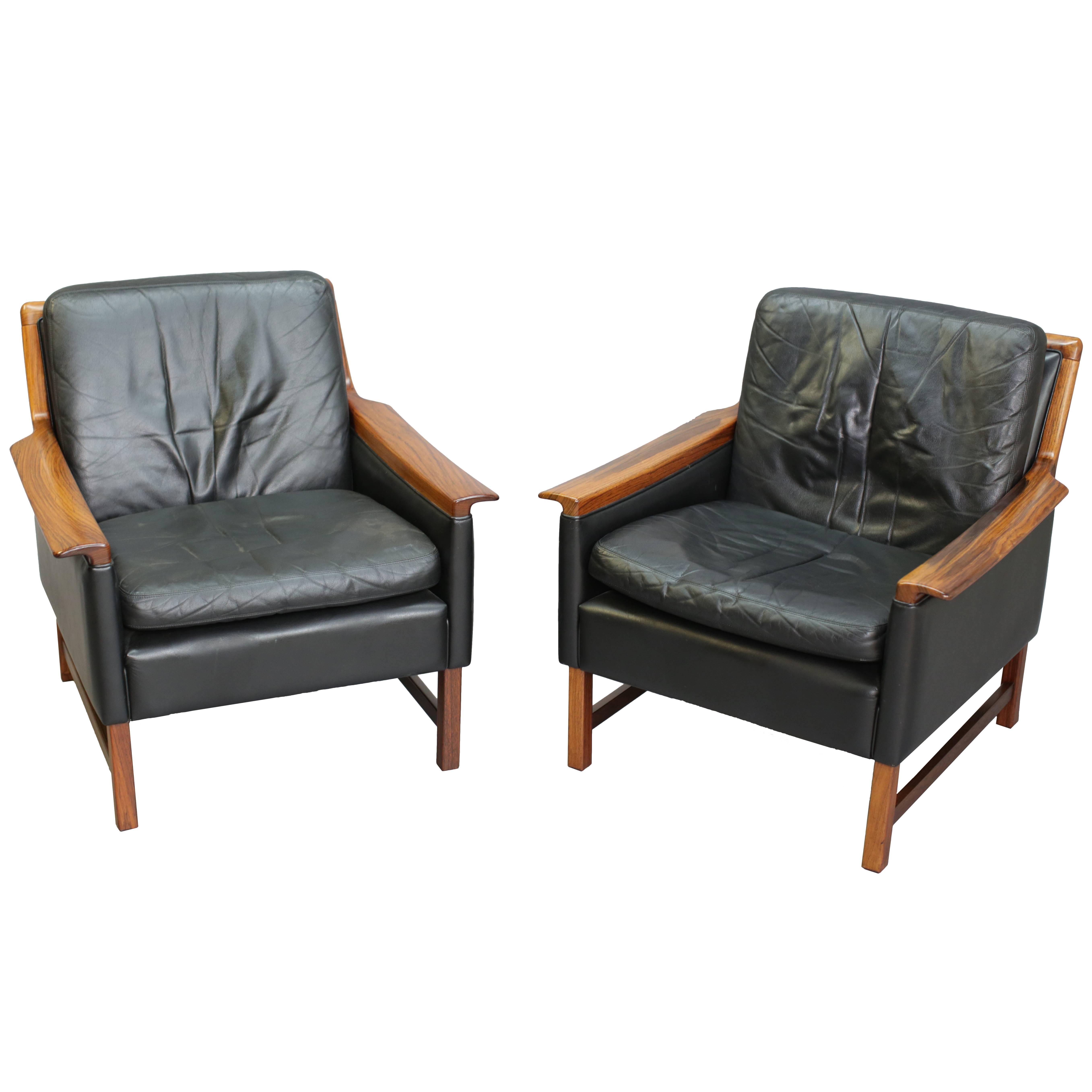 Torbjørn Afdal Black Leather Club Chairs, Pair