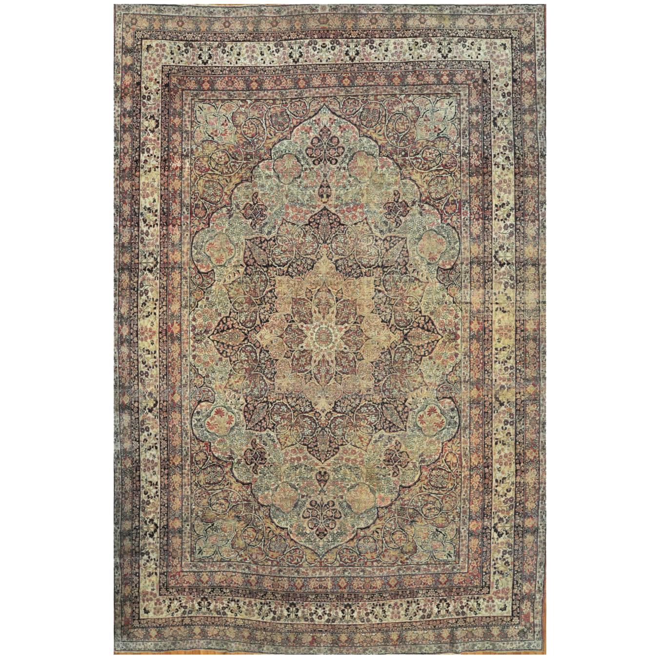 Late 19th Century Hand Knotted Wool  Antique Persian Lavar Kerman Rug For Sale