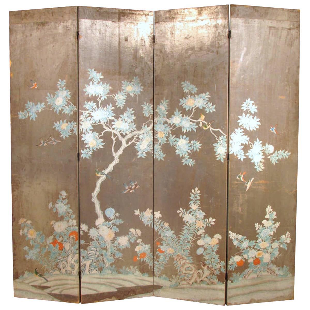 Chinoiserie Hand-Painted Silver Four-Panel Screen