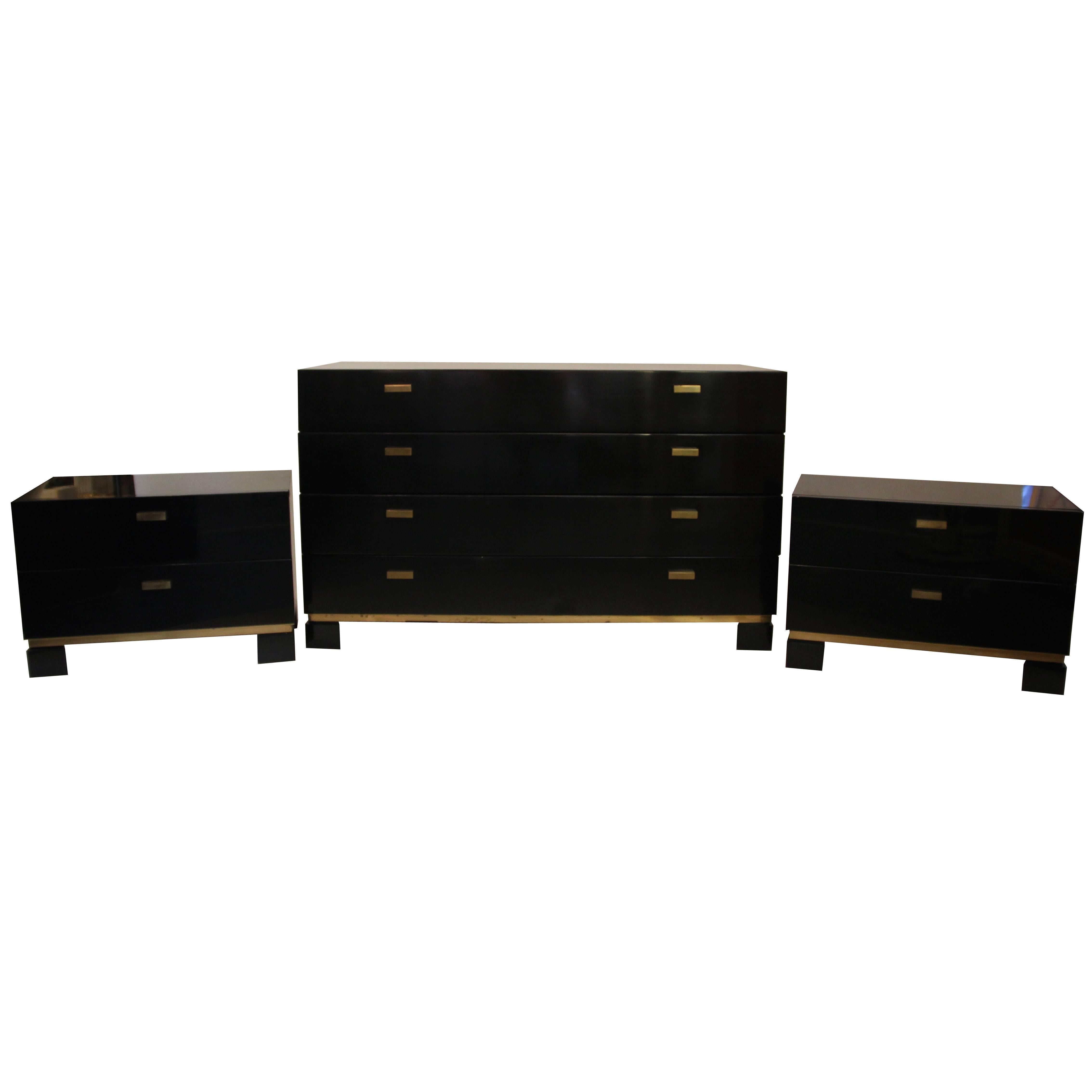 Sideboard and Pair of Drawers, Lacquered Wood and Gilt Brass, circa 1970, France