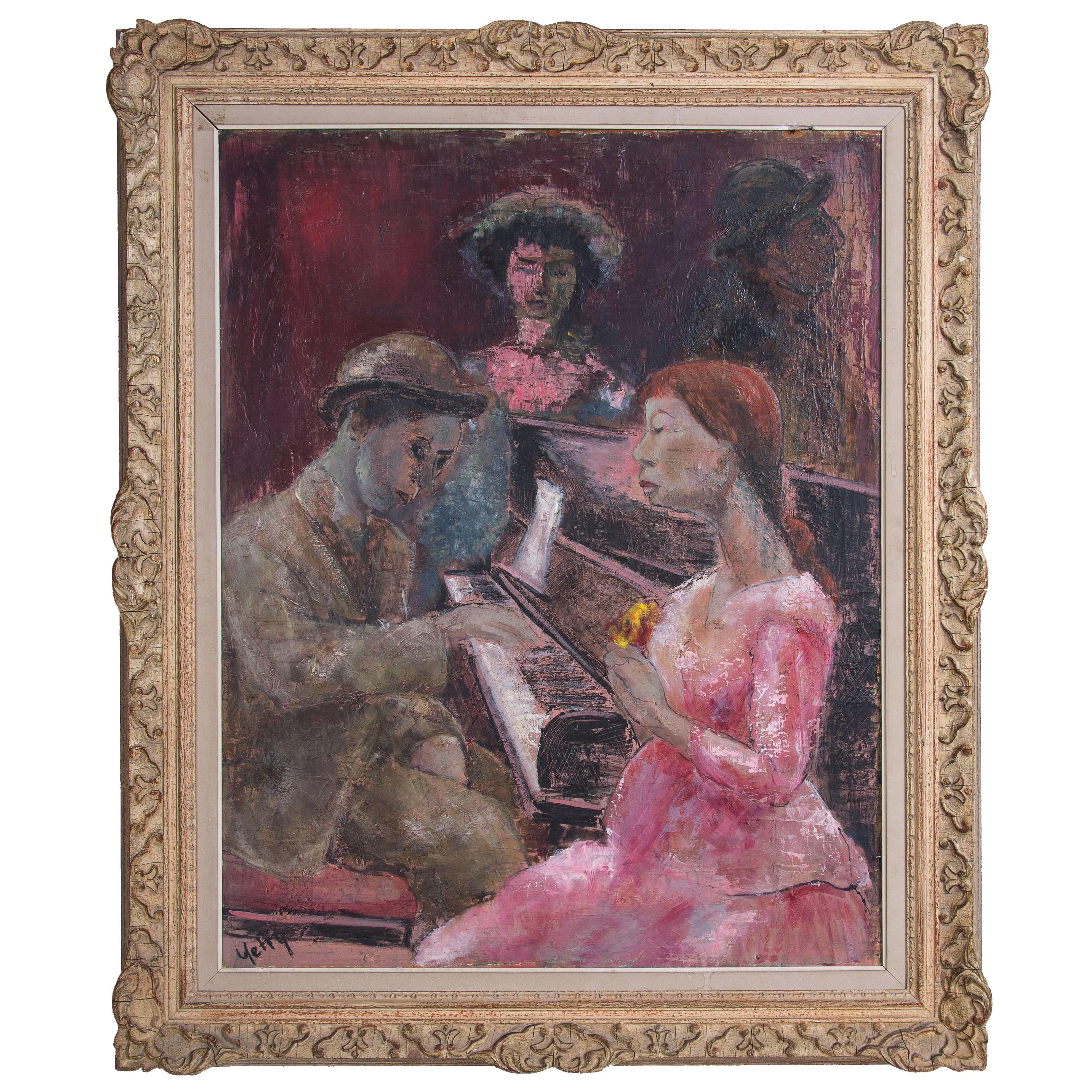 Peinture à l'huile originale sur panneau de Yetty intitulée « Joueur de piano ».