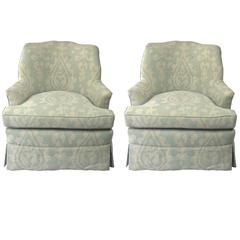 Elegant Pair of Arm Lounge Chairs, Custom Upholstered in Linen Ikat 