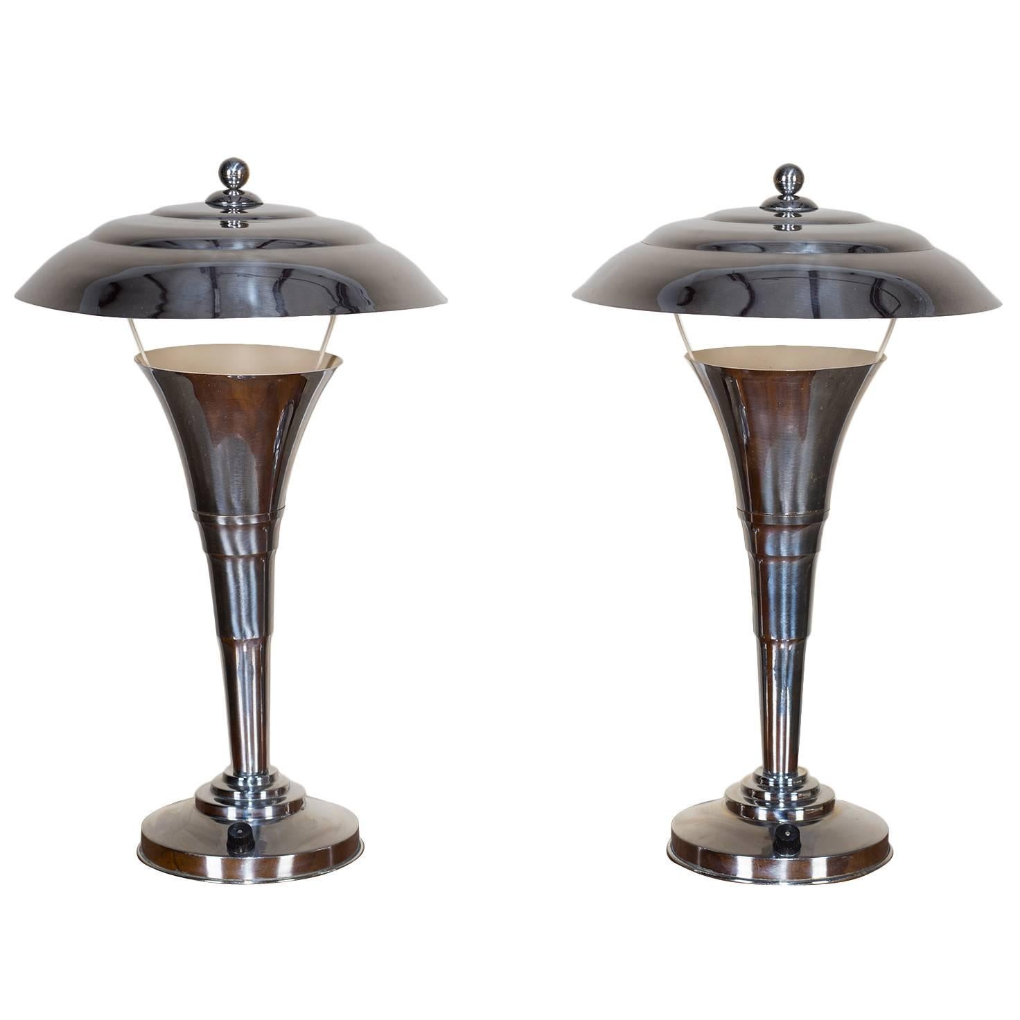 Pair of Vintage French Art Deco Chrome Lamps, circa 1935