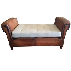 Antique Delectable British Distressed Leather and Linen Daybed