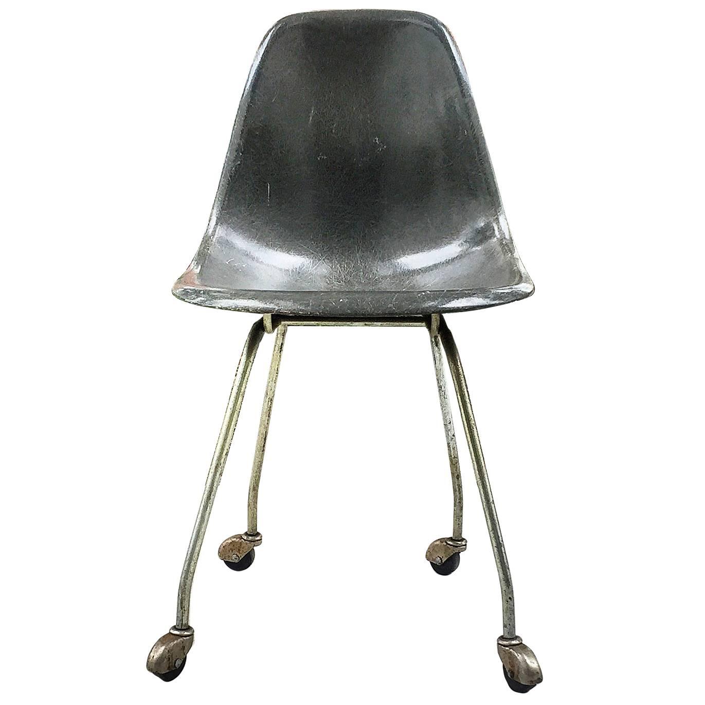 Original Rare Eames Grey Side Shell on Prototype H-Base with Casters