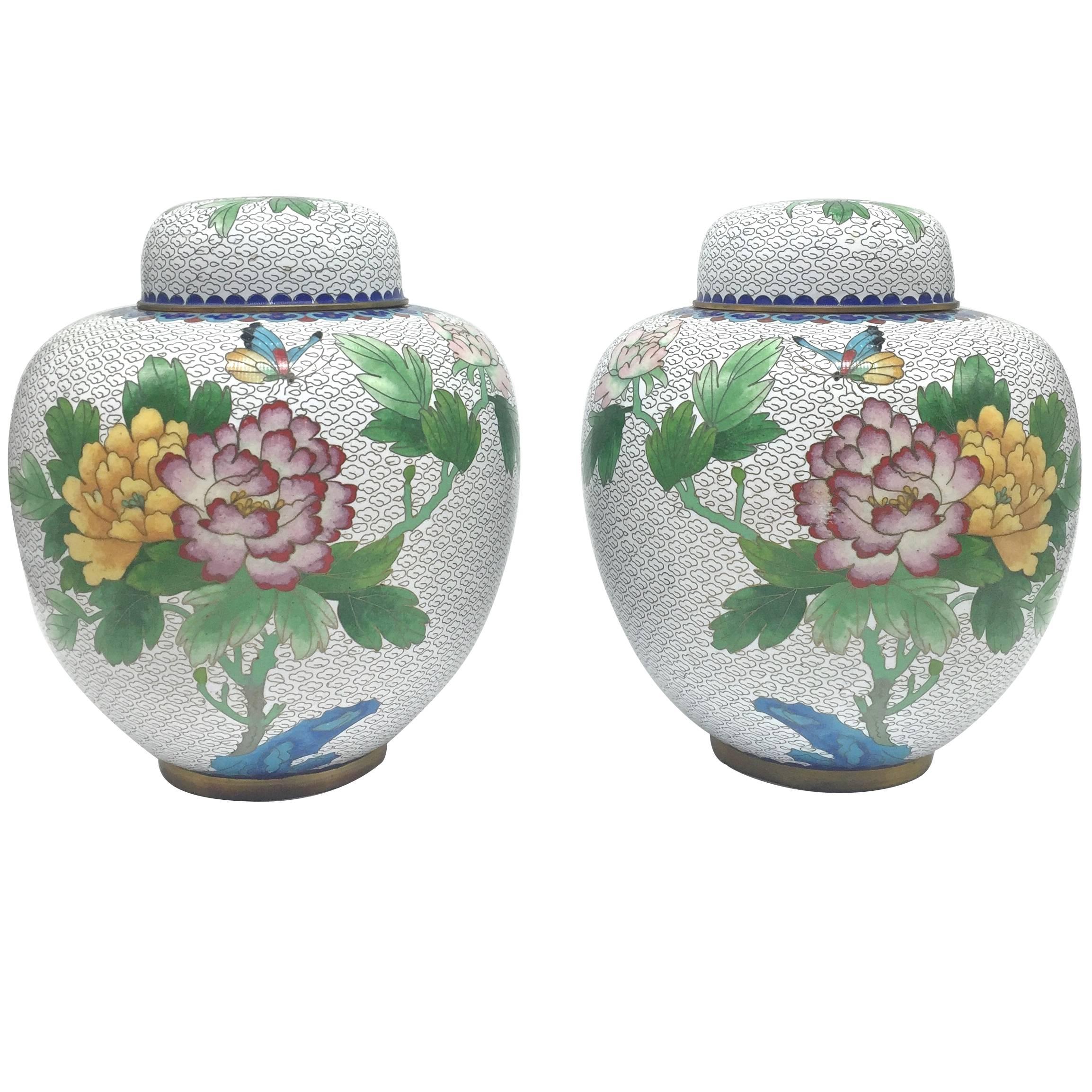 Pair of Large Cloisonné Ginger Jars For Sale