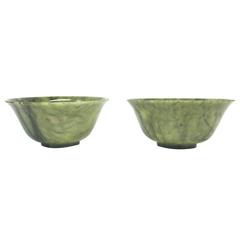 Pair of Large Natural Serpentine Cups in Green Jade Color