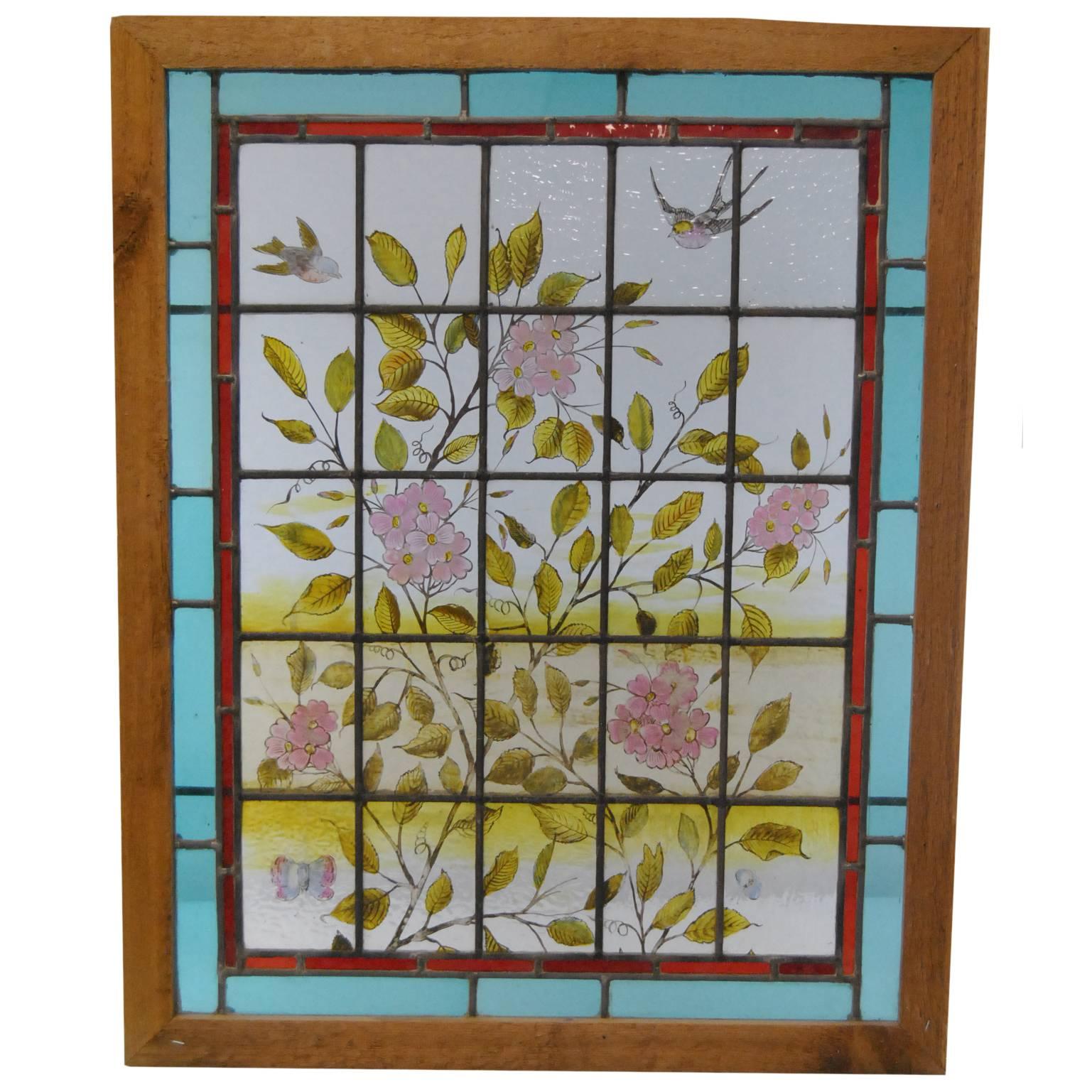 Victorian Hand-Painted Stained Glass Window with Swallows and Dogwood Blossoms