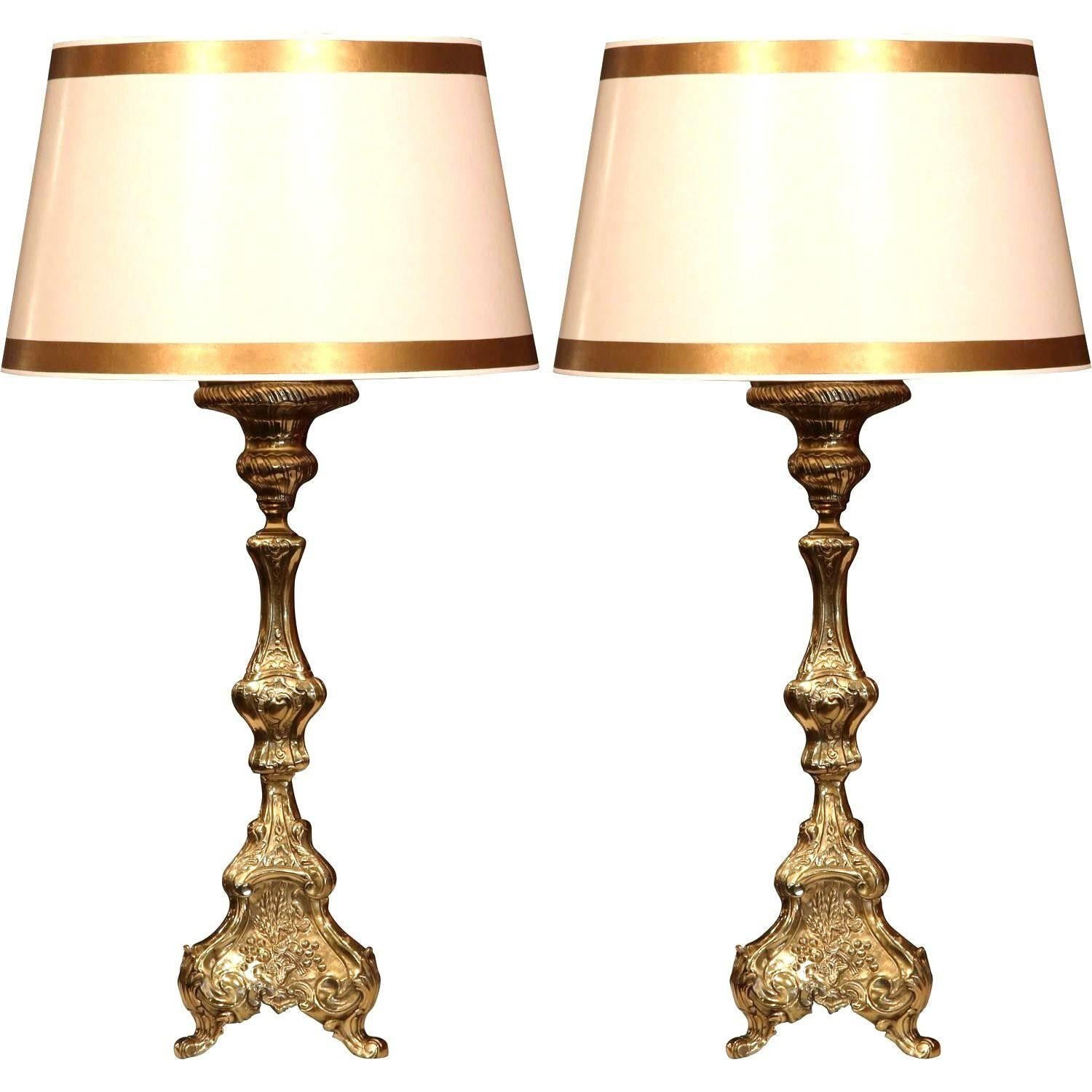 Pair of 19th Century, French Repousse Brass Candlesticks Mounted into Lamp Bases