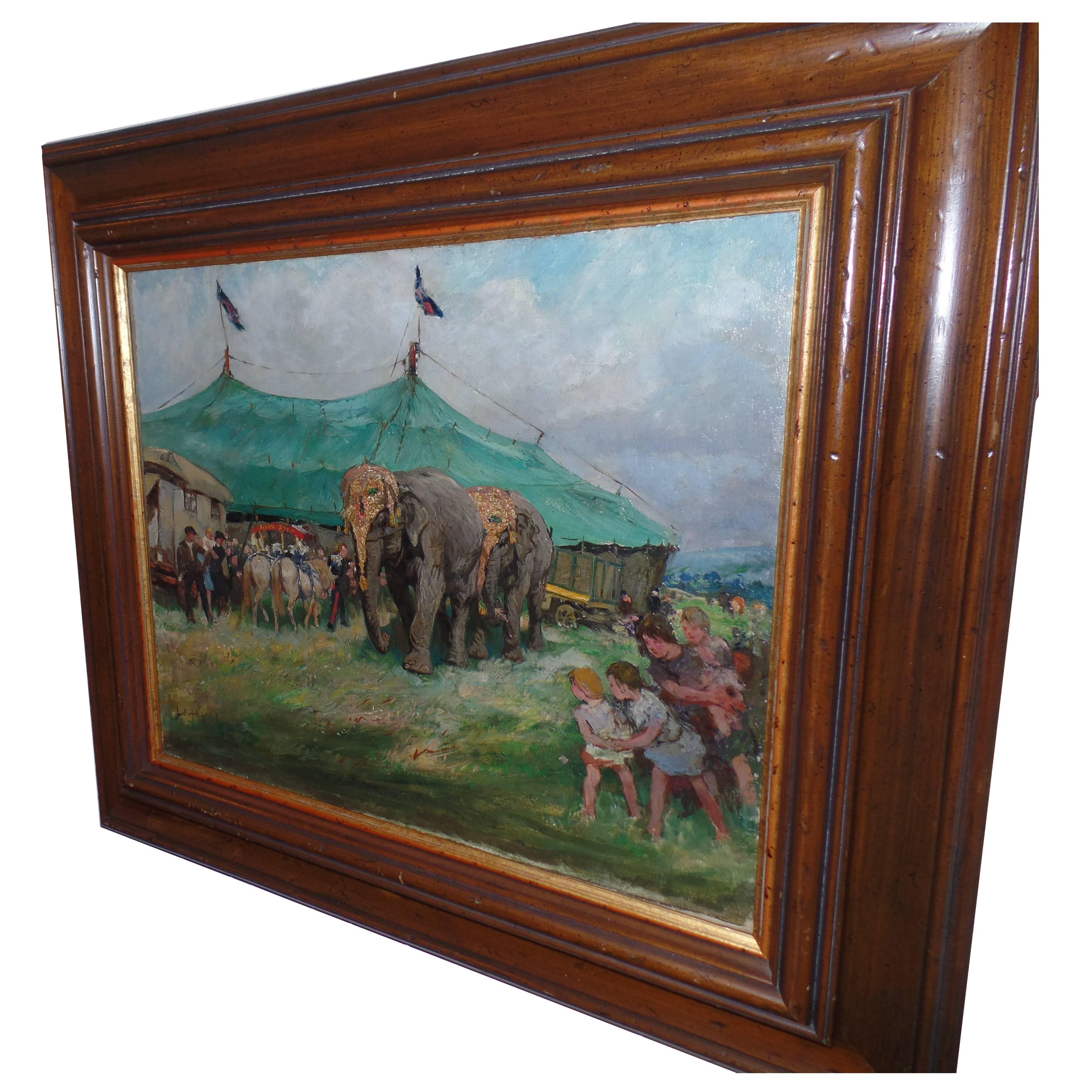 19th Century Lucy Kemp-Welch Signed Circus Tent with Elephants and Children