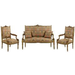 Vintage French Louis XVI Style Giltwood Salon Suite with Settee & Two Armchairs