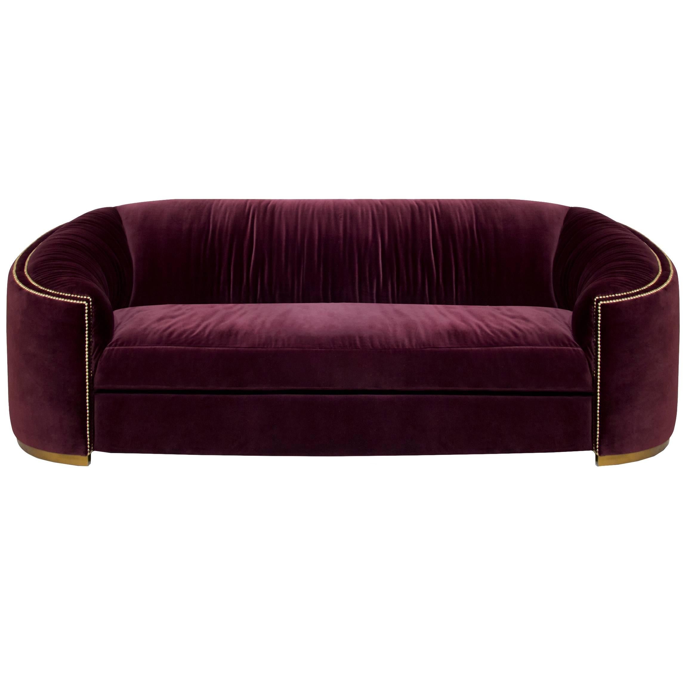 Kingdom Sofa with Velvet Fabric Aged Brass Base and Golded Nails For Sale